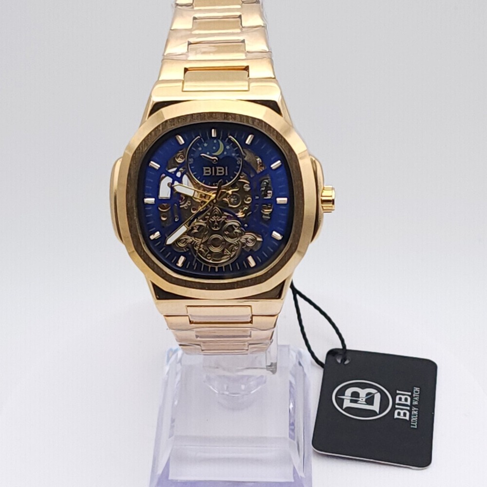 BIBI Automatic Skeleton Watch Men's Gold Tone Blue Dial 42mm Box New Luxury - Picture 14 of 17